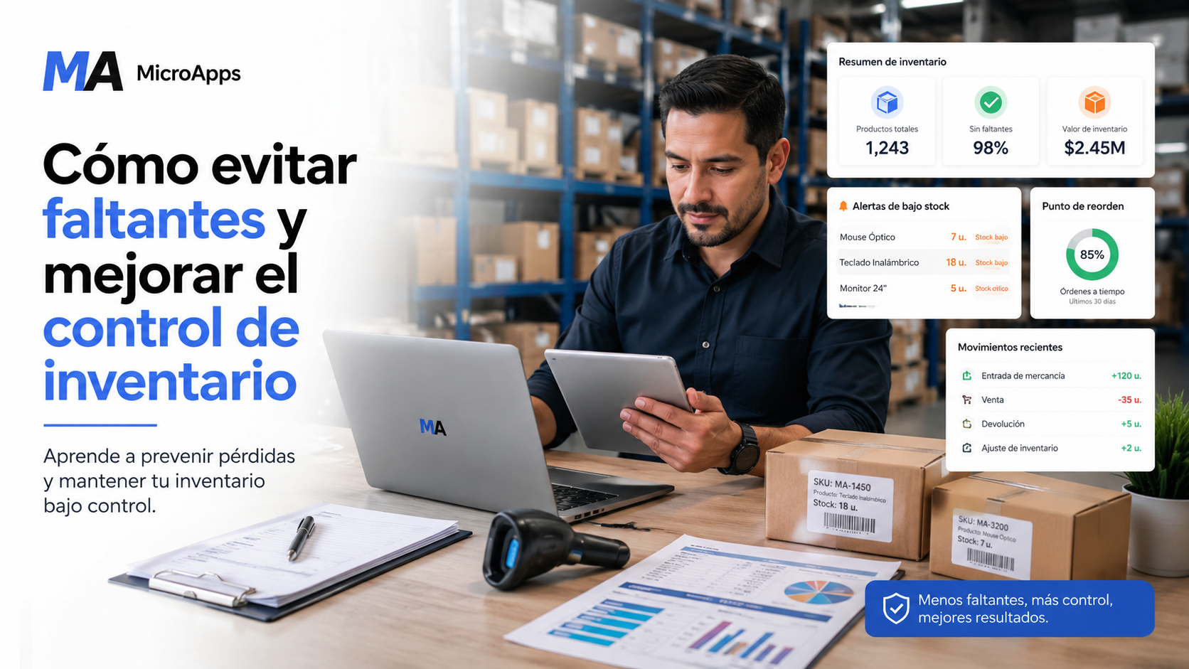 Responsable de inventario revisando stock, alertas y productos en almacén con dashboard digital.