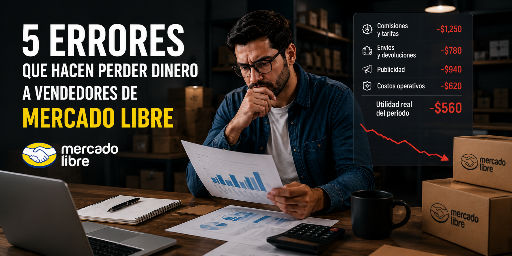 Vendedor de Mercado Libre analizando errores que afectan su rentabilidad