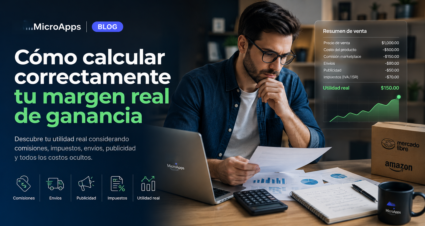 Vendedor revisando el margen real de ganancia con calculadora y gráficos financieros